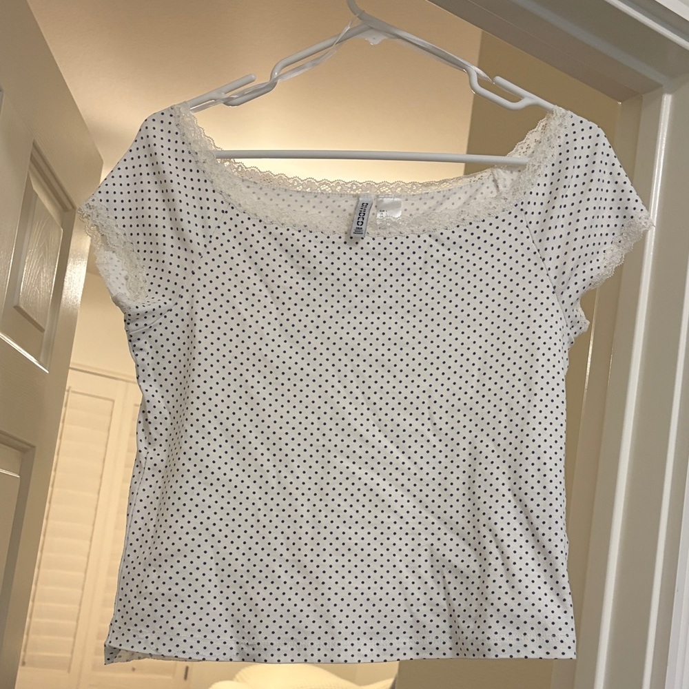 H&M White and Black Polka Dot Lace Top